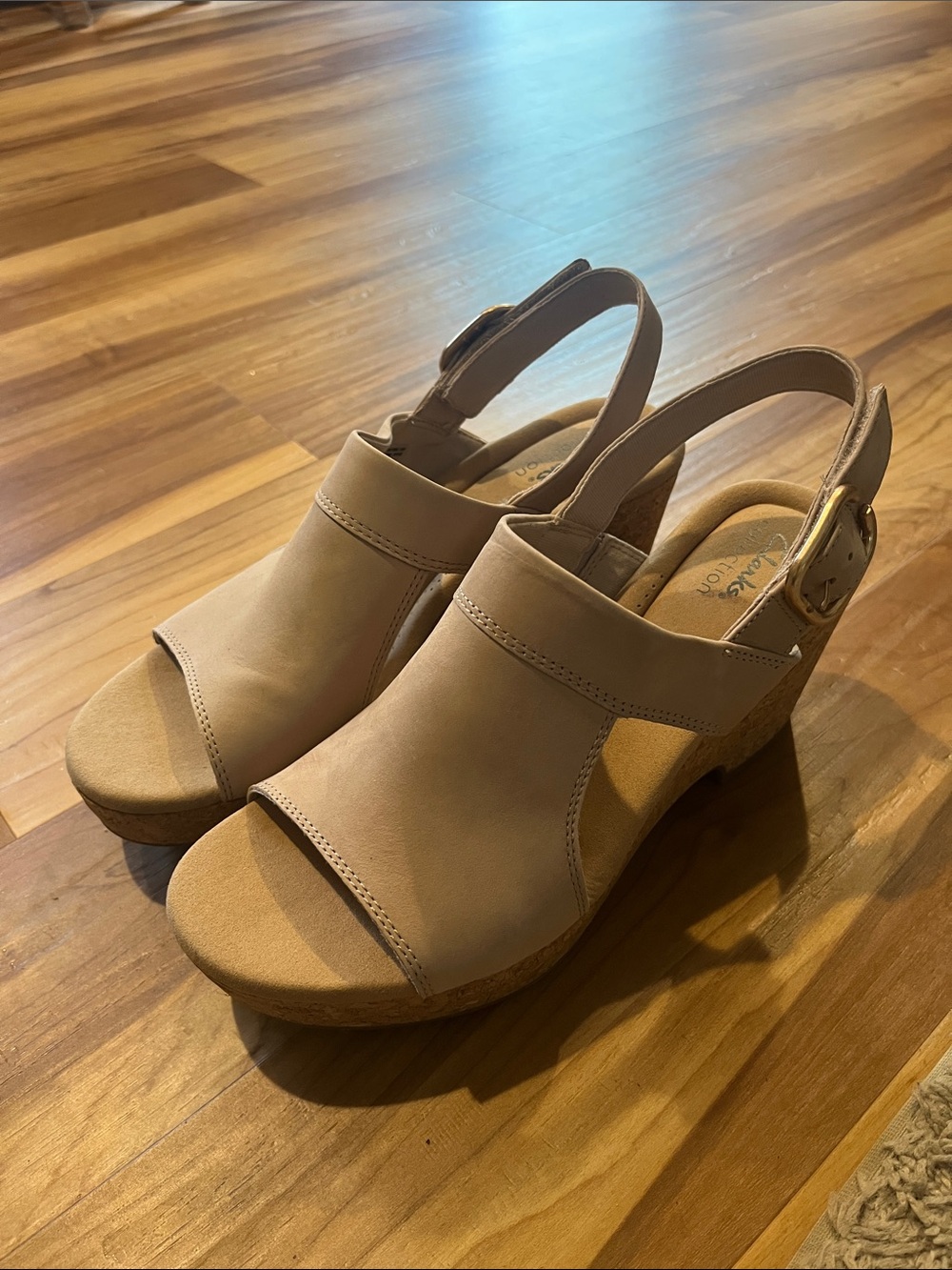 Clarks Taupe Open-Toe Slingback Wedge Sandals